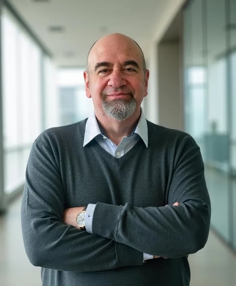 Middle-aged man with gray beard wearing dark sweater over collared shirt, arms crossed, smiling in modern office hallway